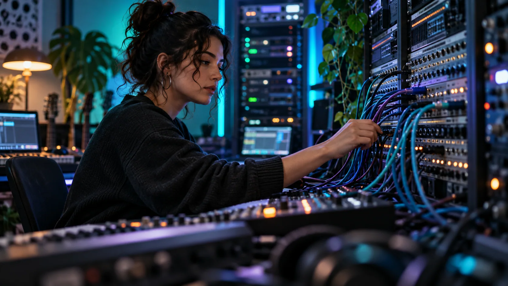 Editorial artwork: audio patch cables and server equipment for music software