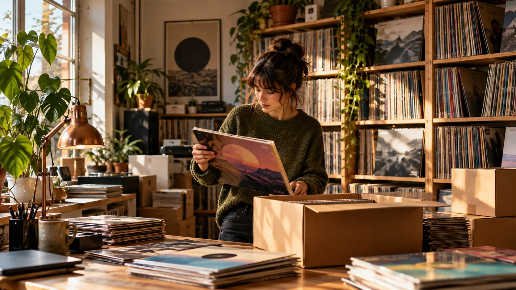 Editorial artwork: vinyl shelves, album sleeves and packages in a label office