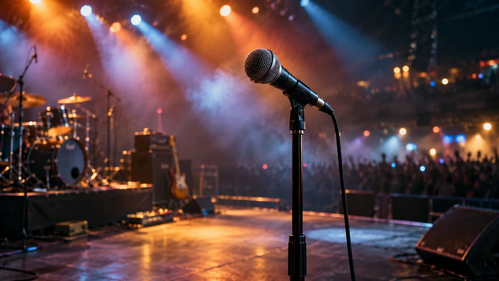 Editorial artwork: microphone on a concert stage with colourful lights