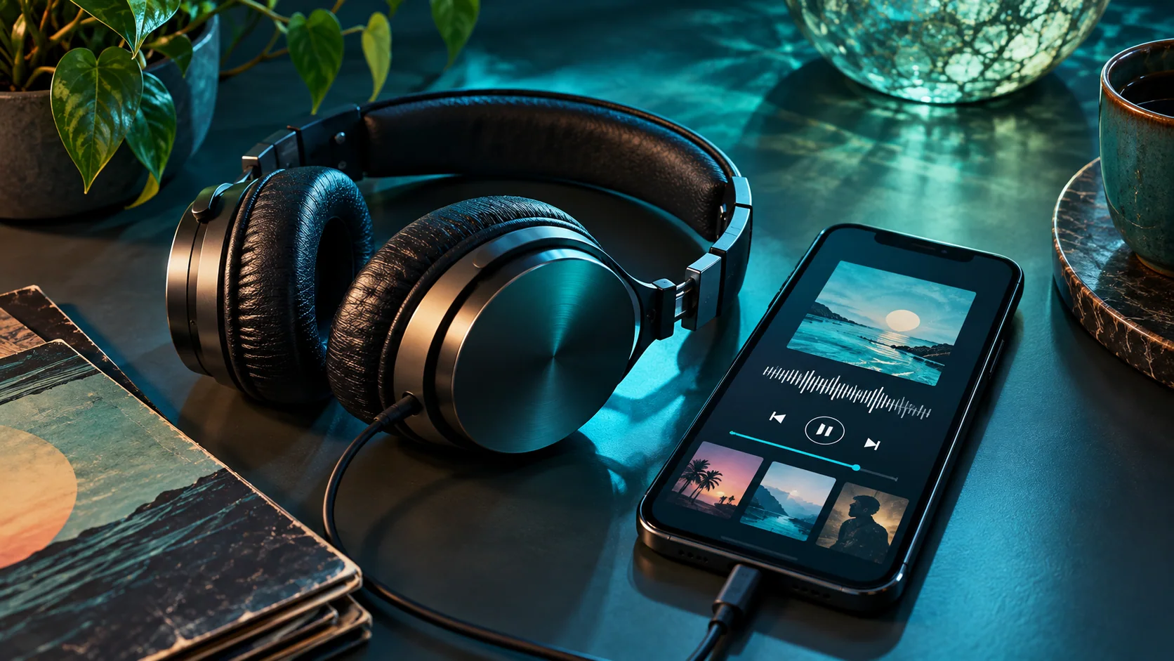 Editorial artwork: headphones beside a phone displaying abstract music tiles