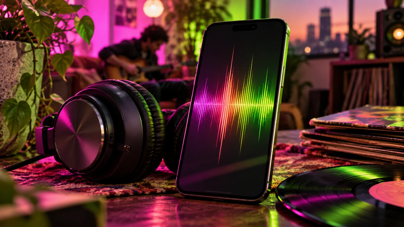 Editorial artwork: smartphone with an audio waveform beside headphones
