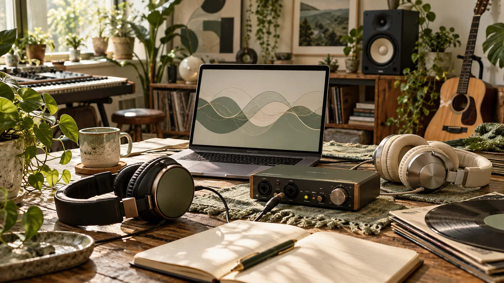 Editorial artwork: two headphones, audio interface and laptop for music collaboration