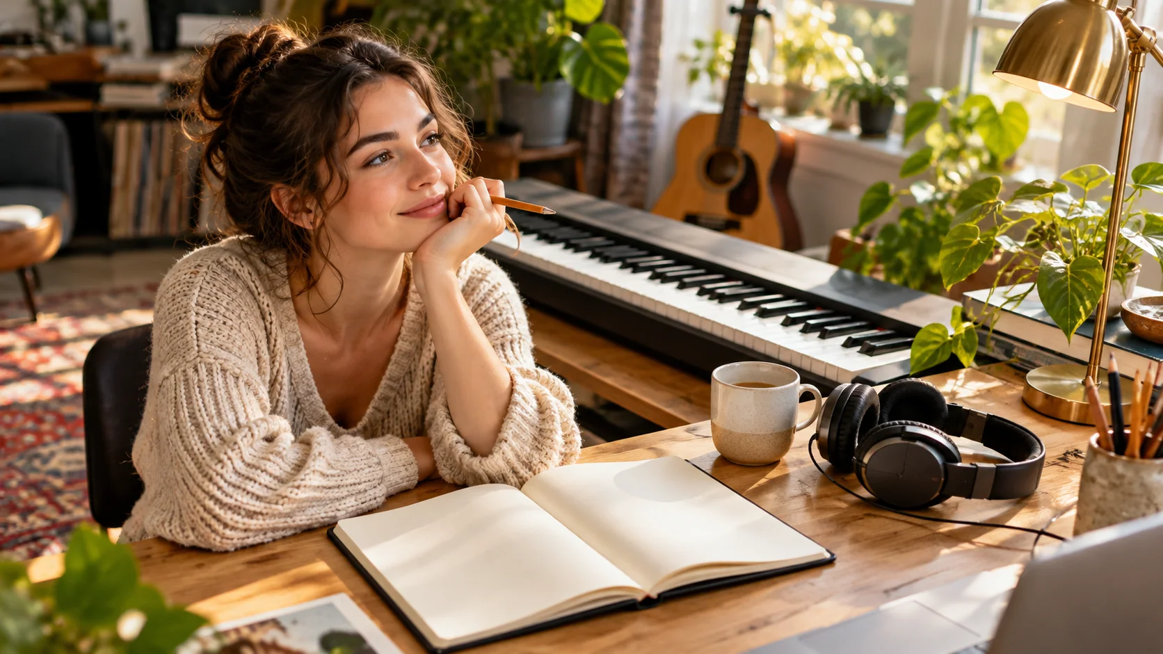 Editorial artwork: piano keyboard, notebook and headphones on a learning desk