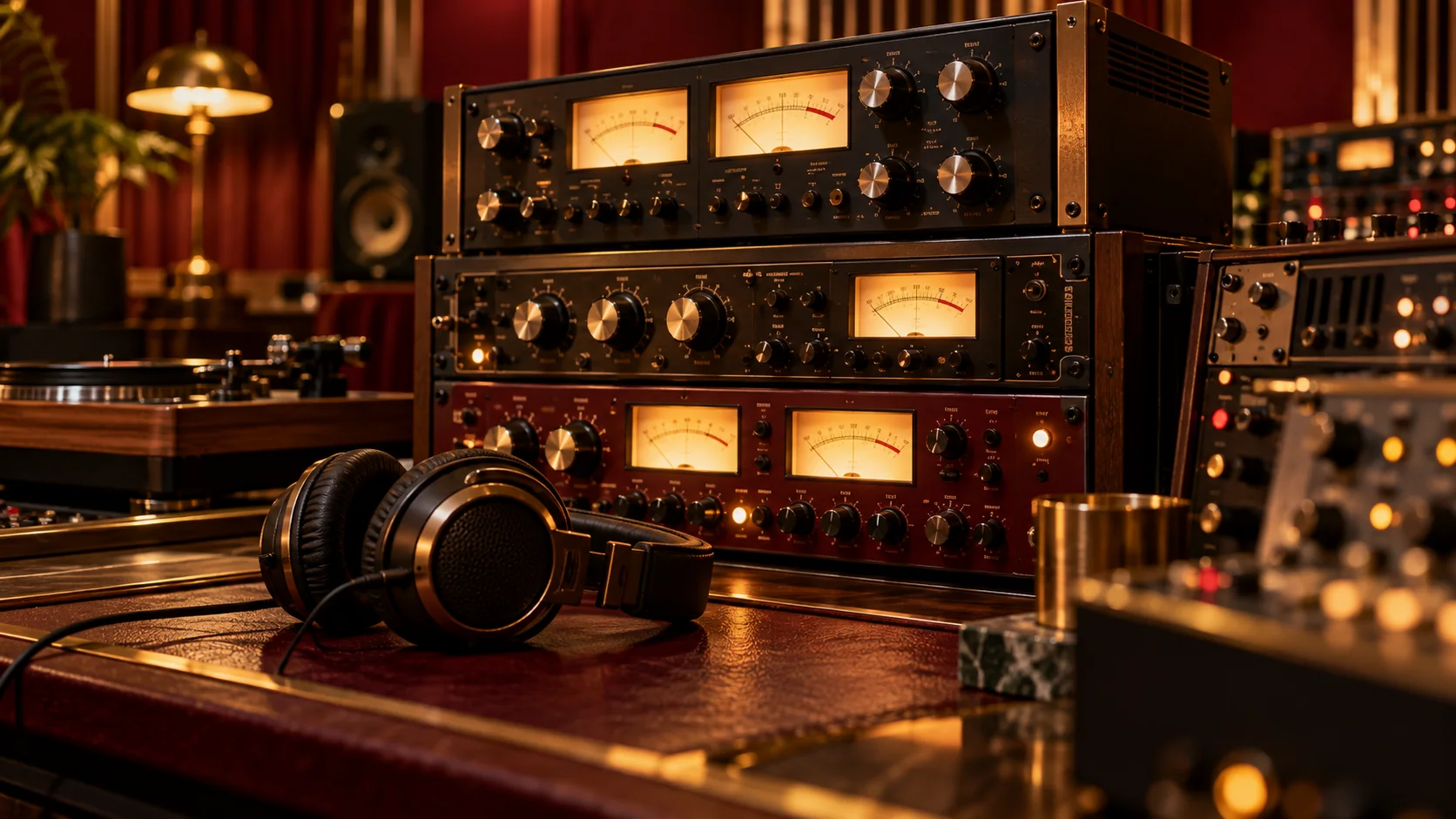 Editorial artwork: analog audio processors and headphones in a mastering studio