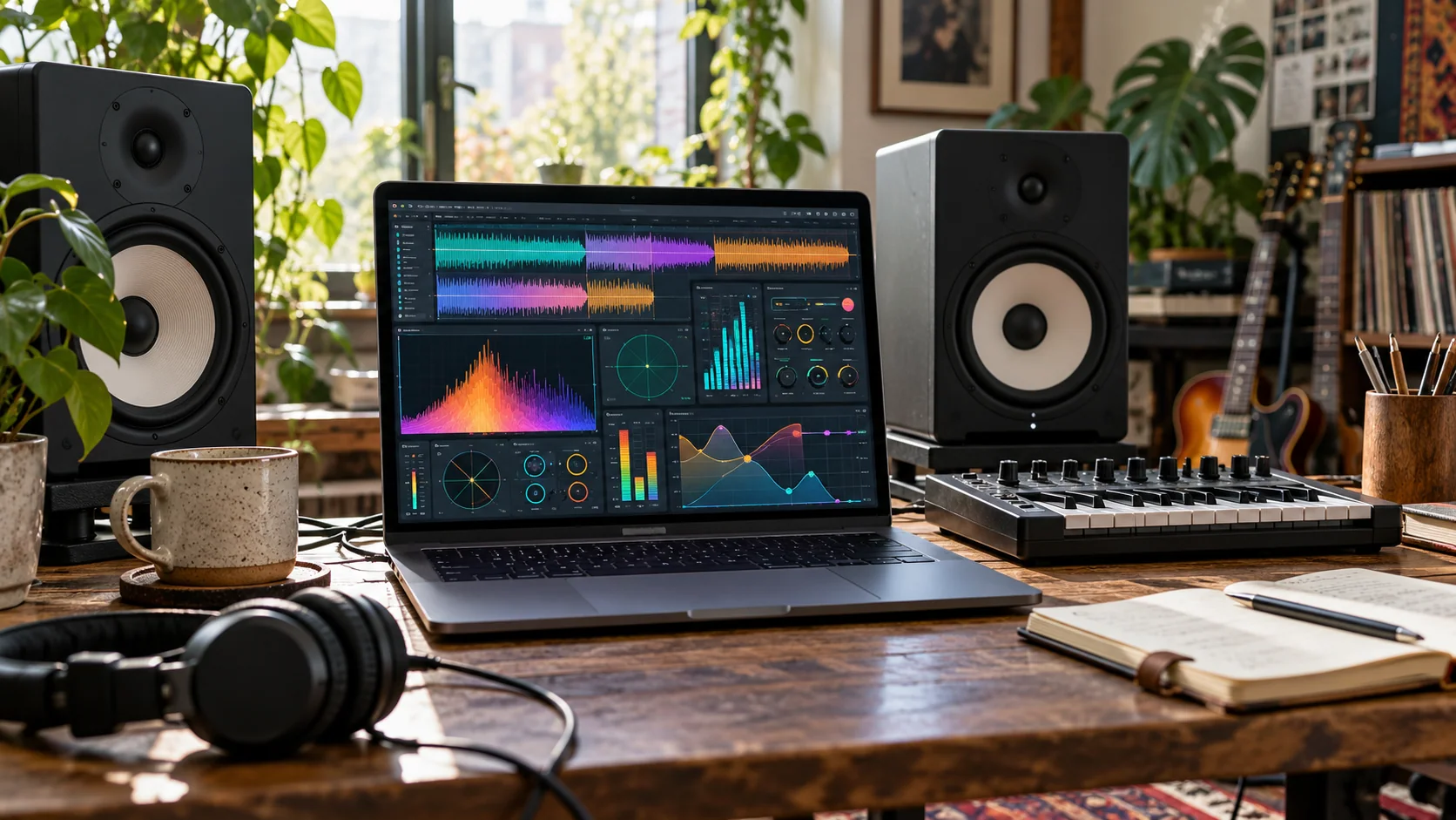 Editorial artwork: laptop with abstract audio waveforms between studio speakers
