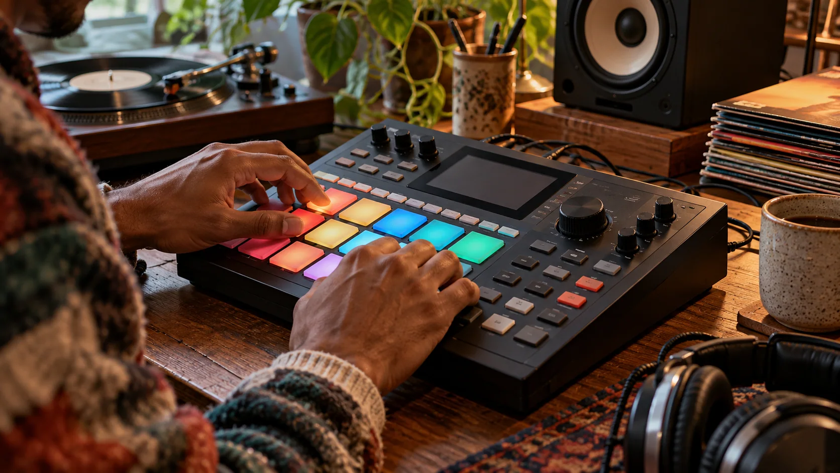 Editorial artwork: hardware sampler with coloured pads in a recording studio