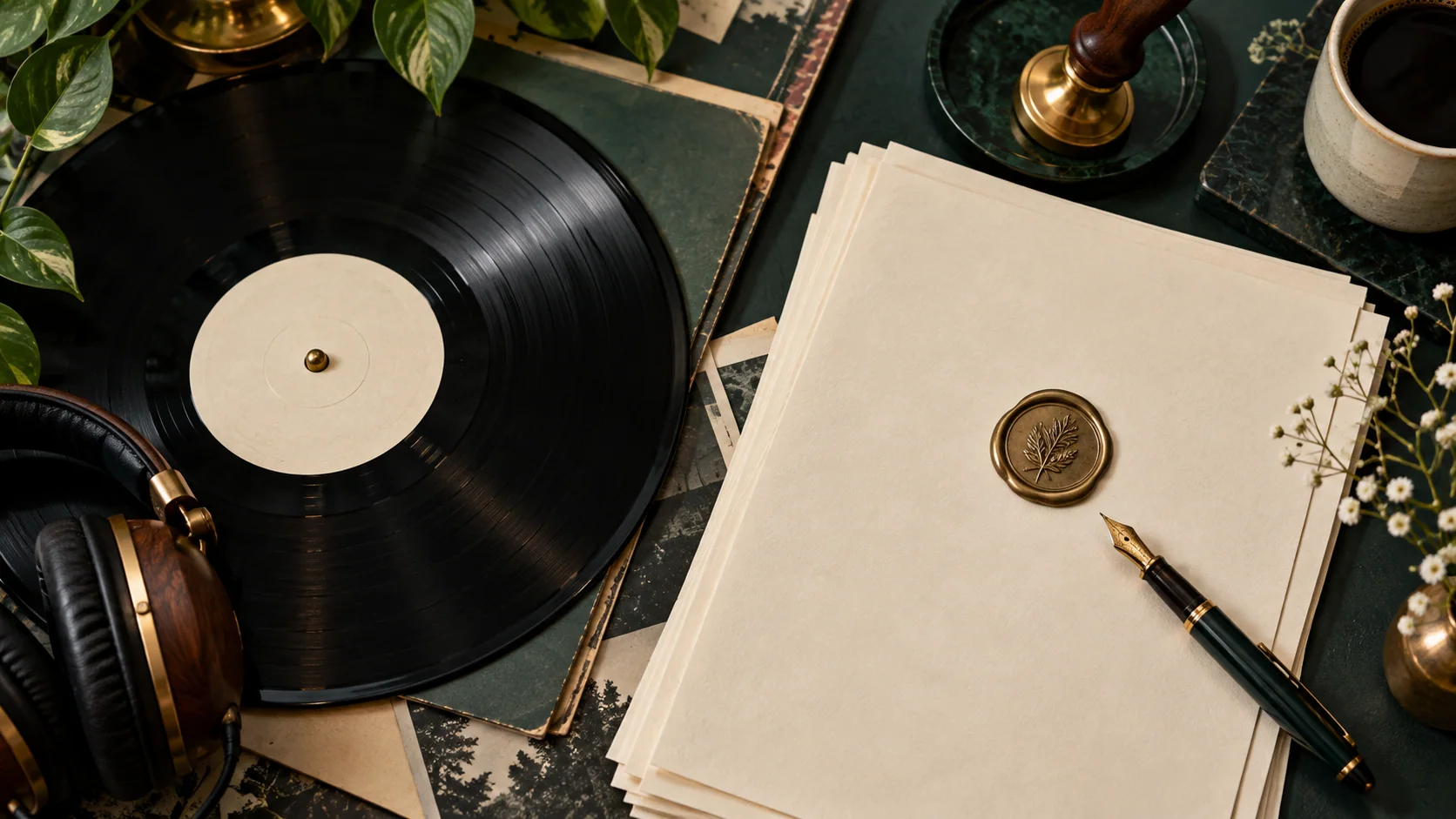 Editorial artwork: vinyl record and legal paperwork with a fountain pen