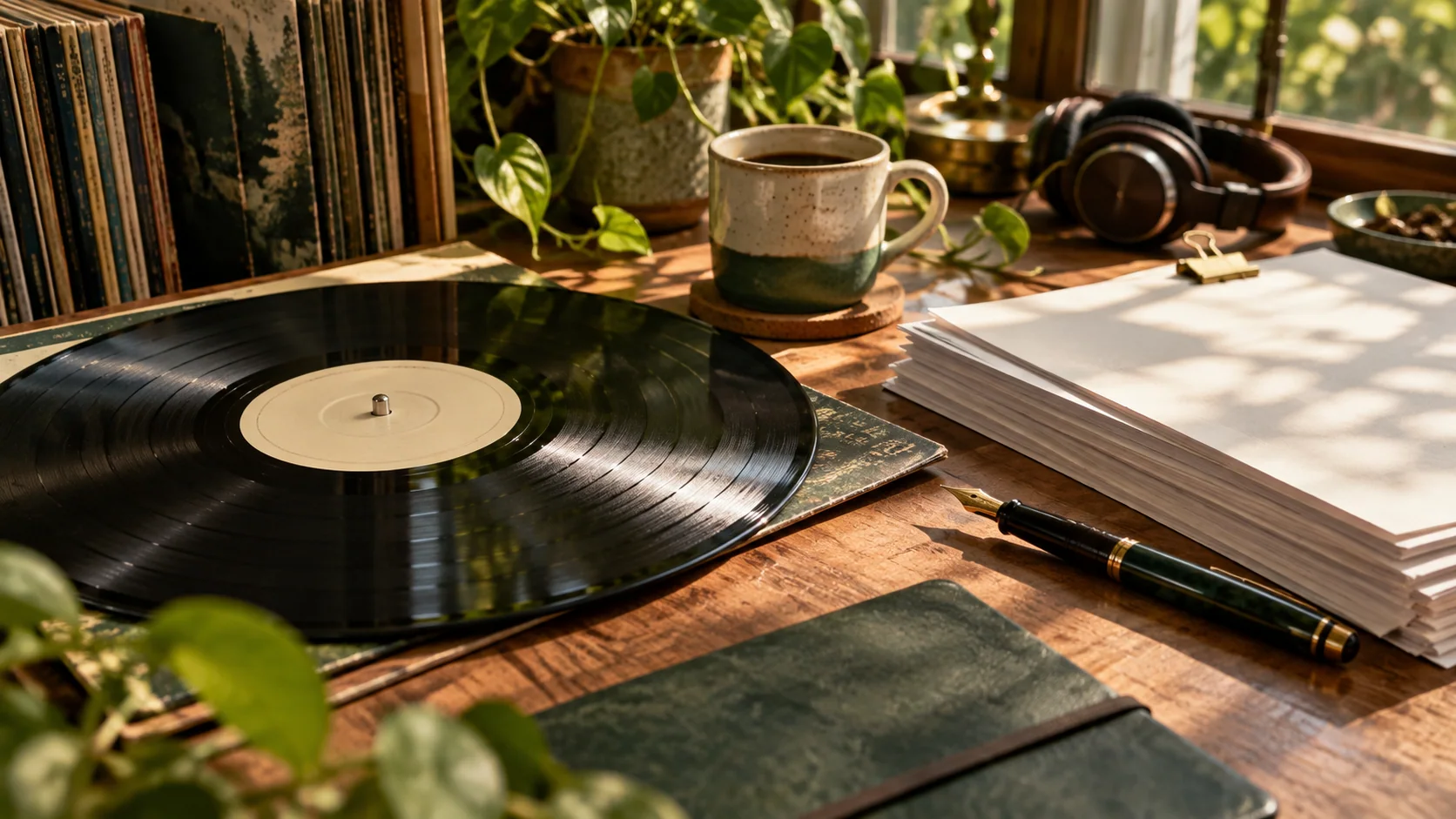 Editorial artwork: vinyl record, fountain pen and royalty statement papers